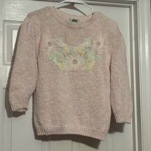 VINTAGE Women's Sweater Size Medium, Shenanigans, Embroidered Pink Sweater